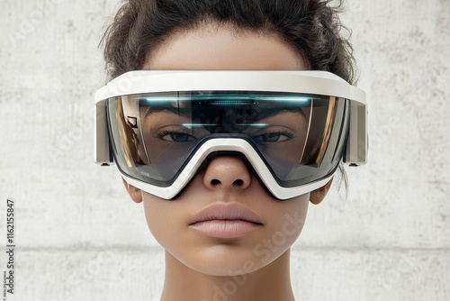 A young woman stands confidently wearing sleek goggles that blend modernity with a futuristic design. The goggles reflect light and appear to connect her to advanced technology. photo