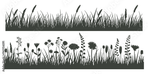 Spring black grass silhouette seamless background. Vector brush for eco, nature design