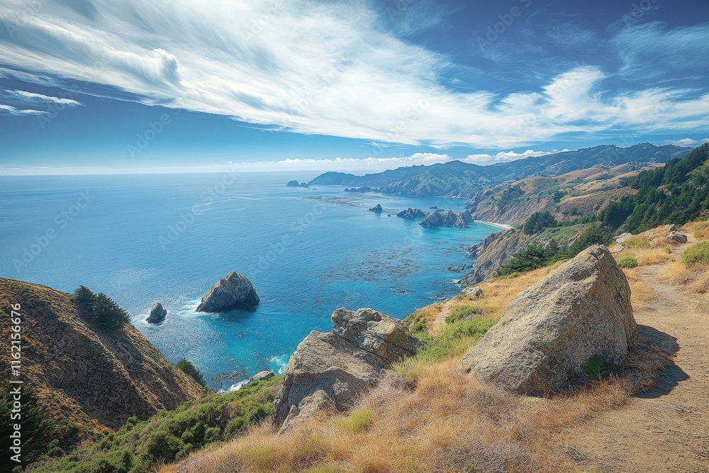 Waves crash against rugged cliffs while a scenic path winds through vibrant vegetation. The sky is bright with wispy clouds, revealing a stunning coastal vista during midday. Waves crash against rugged cliffs while a scenic path winds through vibrant vegetation. The sky is bright with wispy clouds, revealing a stunning coastal vista during midday.