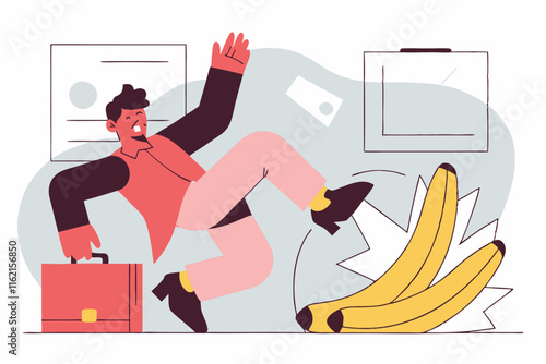 Ai generates hilarious workplace mishap businessman slips on bananas office setting cartoon style humorous concept