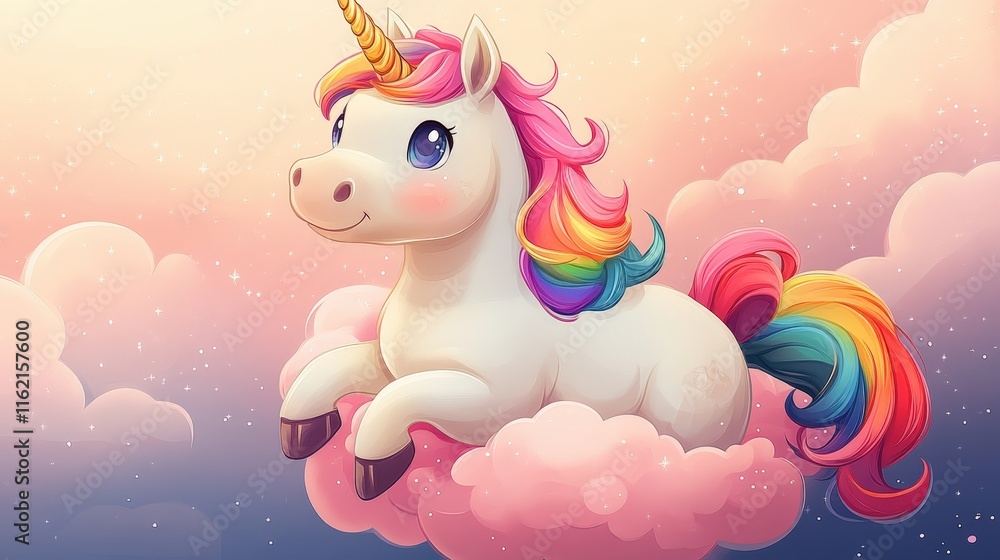 Adorable rainbow unicorn sitting on a fluffy pink cloud against a pastel sky. Adorable rainbow unicorn sitting on a fluffy pink cloud against a pastel sky.