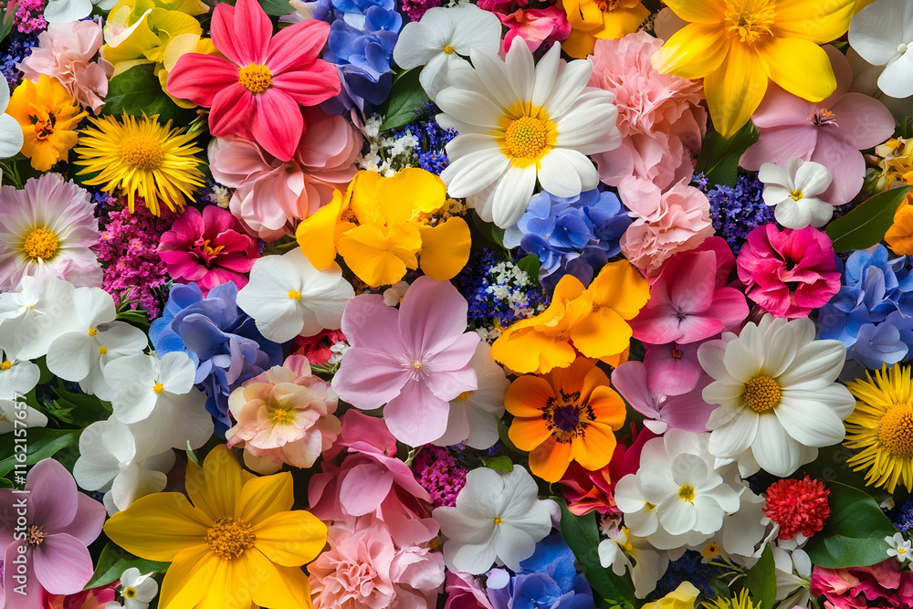 Seamless pattern of vibrant spring and summer garden flowers, creating a cheerful and lively design Seamless pattern of vibrant spring and summer garden flowers, creating a cheerful and lively design