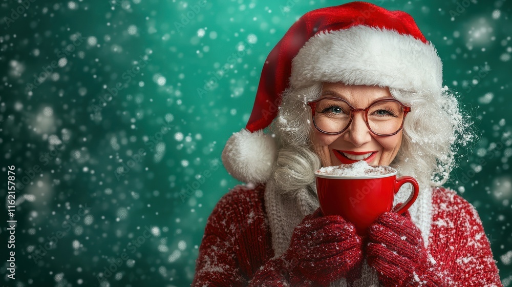 Festive Mrs Claus enjoying hot cocoa with a glowing joyful expression on a vibrant green background Festive Mrs Claus enjoying hot cocoa with a glowing joyful expression on a vibrant green background