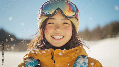 冬の雪原で輝く笑顔の日本人女性スノーボーダー photo