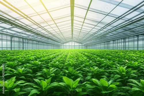 wide-angle shot of futuristic greenhouse with solar panels glass reflecting light while vibrant plants thrive inside photo