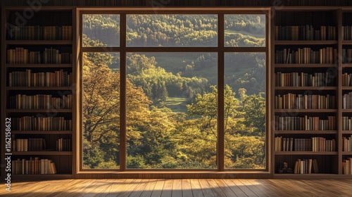 scenic bookshelf background interior home office library study with window views of trees and rolling hills teams backdrop. Rustic wood in cozy room. Virtual online presentation meeting room. photo