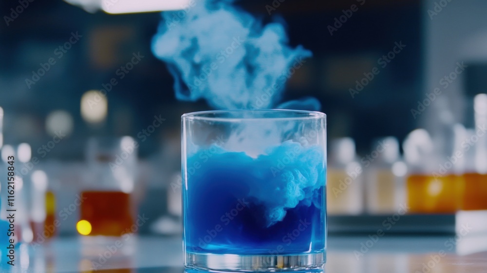 Close-up of glass beaker releasing swirling toxic blue vapor in chemical lab setting, emphasizing danger and scientific experimentation Close-up of glass beaker releasing swirling toxic blue vapor in chemical lab setting, emphasizing danger and scientific experimentation
