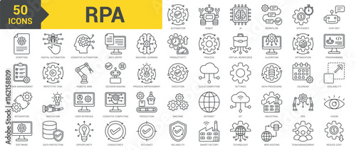 RPA icon collection set. Containing Automation, production, robot, AI, workflow, efficiency, chatbot, scripting, task management, integration, software, digital transformation icon. Simple line vector