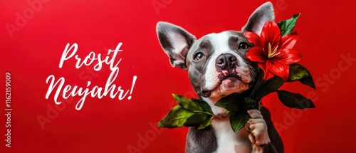 Süße Bulldogge mit roter Blume wünscht Frohes Neues Jahr photo