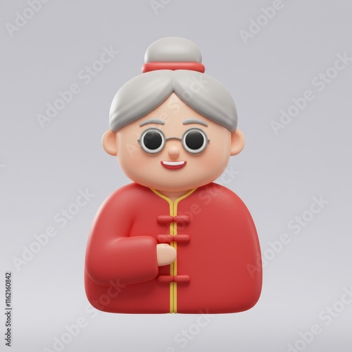 3D rendering of a traditional Chinese old woman isolated on a gradient background

