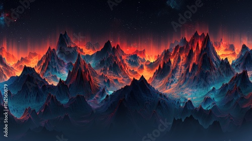 Fiery, otherworldly mountain range at night, glowing with vibrant orange and blue hues under a starry sky.