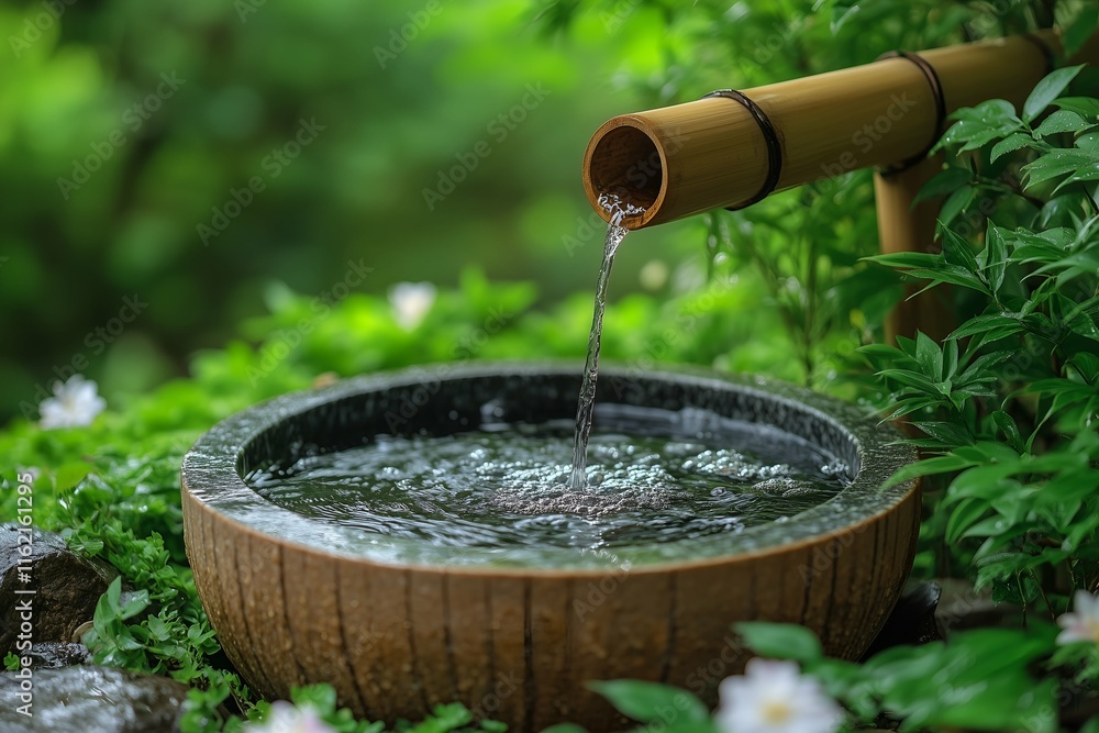 Bamboo water spout pouring clear water into a round wooden basin surrounded by lush green foliage and white flowers, creating a serene and natural ambiance Bamboo water spout pouring clear water into a round wooden basin surrounded by lush green foliage and white flowers, creating a serene and natural ambiance