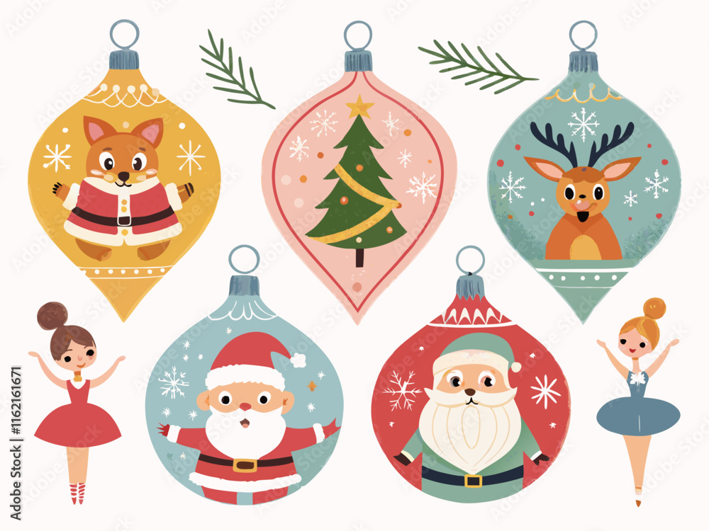 Fototapeta premium Festive ai generated holiday ornaments christmas decorations featuring santa reindeer and animals in a cheerful setting