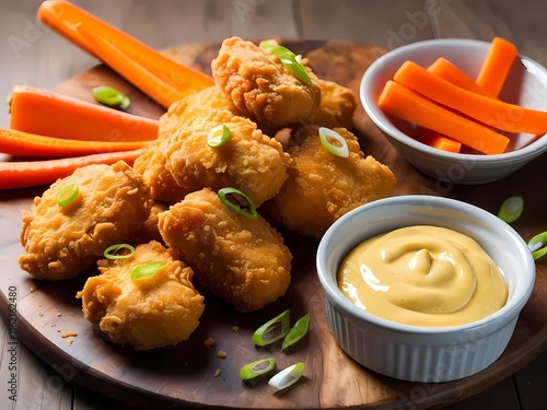 fried chicken nuggets on a wooden board, with a dipping sauce in a small bowl