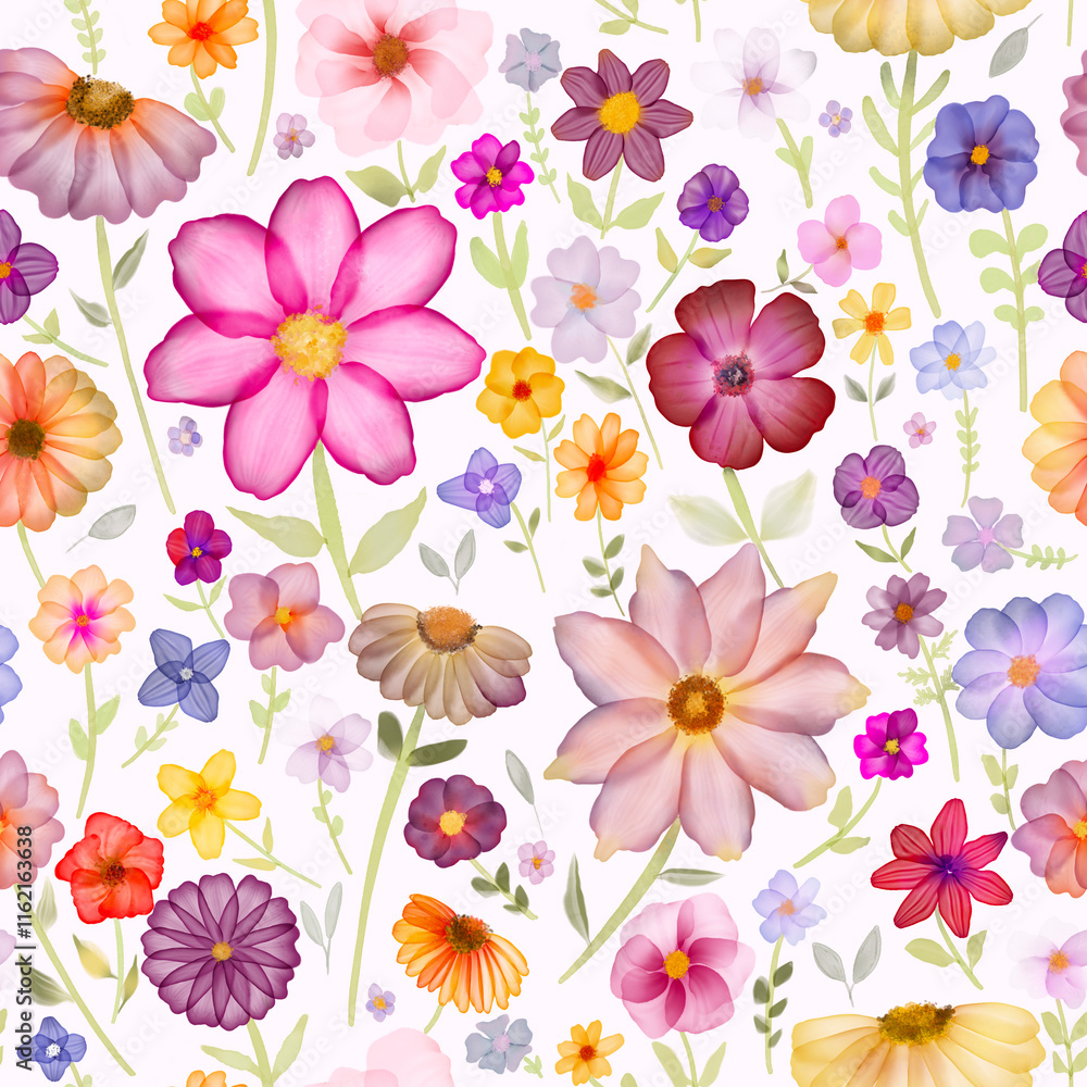 Obraz premium Summermeadow - Variously shaped colorful flowers of a summer meadow on a light pink background form a beautiful floral seamless pattern