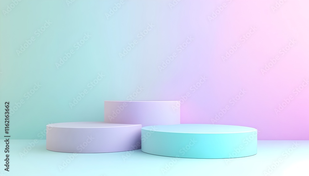 Pastel Podium: Three cylindrical platforms in soft pastel shades of pink and blue, creating a minimalist and elegant display. Pastel Podium: Three cylindrical platforms in soft pastel shades of pink and blue, creating a minimalist and elegant display.
