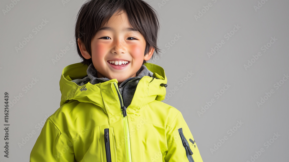 グレー背景に映える黄緑のウェアを着た日本人少年スノーボーダーの笑顔 グレー背景に映える黄緑のウェアを着た日本人少年スノーボーダーの笑顔