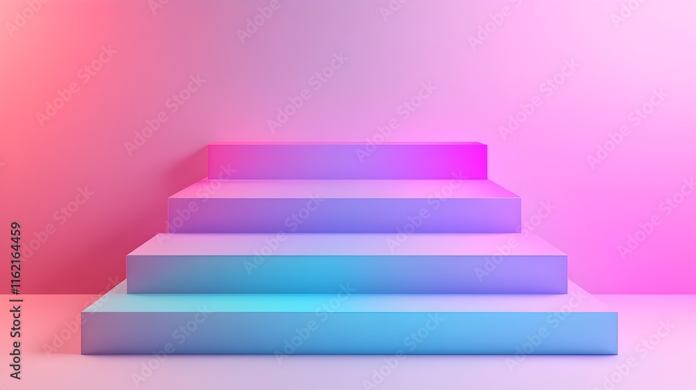 Pastel Steps to Success: A minimal product display featuring a 3D rendering of a multi-level staircase bathed in soft pastel hues, creating a vibrant and futuristic aesthetic. Pastel Steps to Success: A minimal product display featuring a 3D rendering of a multi-level staircase bathed in soft pastel hues, creating a vibrant and futuristic aesthetic.