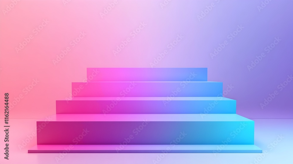 Pastel Steps to Success: A vibrant, colorful 3D rendering of five steps in a gradient of pink and blue, suggesting progress and achievement. Ideal for presentations, websites, and product displays. Pastel Steps to Success: A vibrant, colorful 3D rendering of five steps in a gradient of pink and blue, suggesting progress and achievement. Ideal for presentations, websites, and product displays.