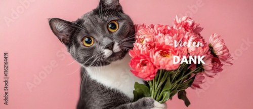 Dankbare Katze mit Blumenstrauß  Herzliches Dankeschön Bild photo