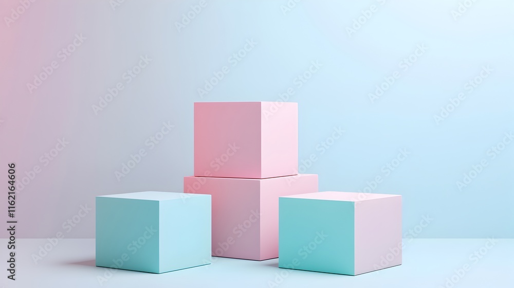 Pastel Cube Display: A visually appealing arrangement of pastel pink and blue cubes, creating a stylish and minimalist product display or presentation backdrop. Perfect for showcasing cosmetics.