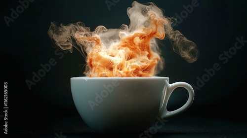 Steaming Coffee Serenity, a white cup exuding delicate wisps of steam against a deep black backdrop, capturing the inviting essence of freshly brewed coffee in tranquil elegance. photo