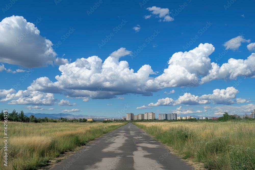 Country road leading to city under a blue sky with fluffy clouds. Country road leading to city under a blue sky with fluffy clouds.