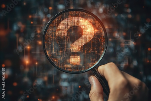 The concepts of question marks and root cause analysis. A big question mark is encircled by a hand with a magnifying glass. Generative Ai