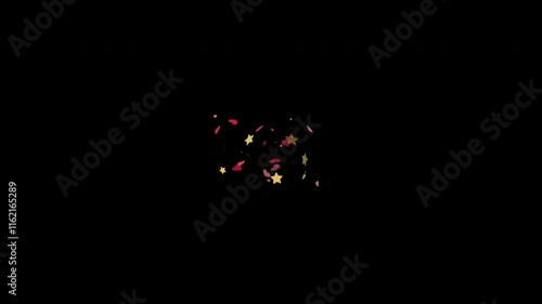 Confetti explosion animated on transparent background. Colorful party popper shooting motion graphic with alpha channel. Paper shoot, particle, dynamite, heart, star, smile, circle, rectangle.