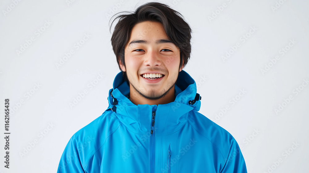 青いジャケットで笑顔を見せる日本人男性スノーボーダー、白背景 青いジャケットで笑顔を見せる日本人男性スノーボーダー、白背景