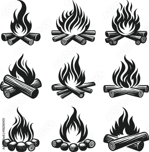 Collection of Campfire Silhouettes with Flames and Logs