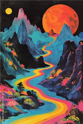 abstract background, trippy, psychedelic, landscape, neon, glowing, mountains, moon, rainbow, world, weird, bright, vibrant, psychedelic, psychedelia, forest
