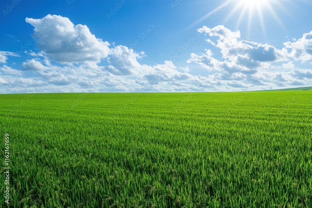 Sunny day, vibrant green field under a blue sky with fluffy clouds. Sunny day, vibrant green field under a blue sky with fluffy clouds.