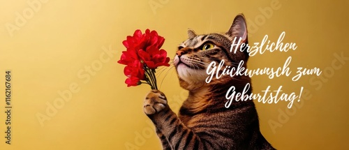 Herzlichen Glückwunsch zum Geburtstag: Katze mit Blumenstrauß photo