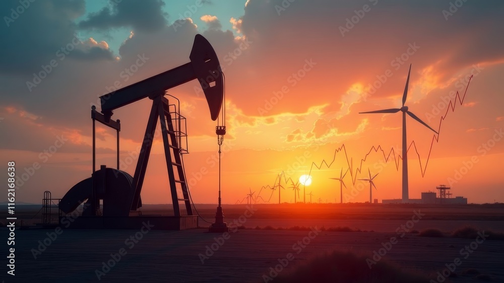 Oil rig producing oil works at sunset Oil rig producing oil works at sunset