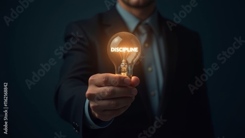 a man holds light bulbs in front of him in a dark room with discipline written on them
