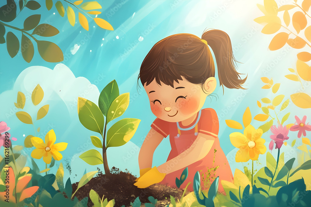 Vibrant scene of a child planting a tree during an environmental awareness event Vibrant scene of a child planting a tree during an environmental awareness event