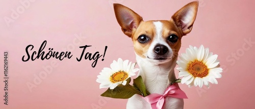 Niedlicher Chihuahua mit Blumenstrauß  Schönen Tag photo