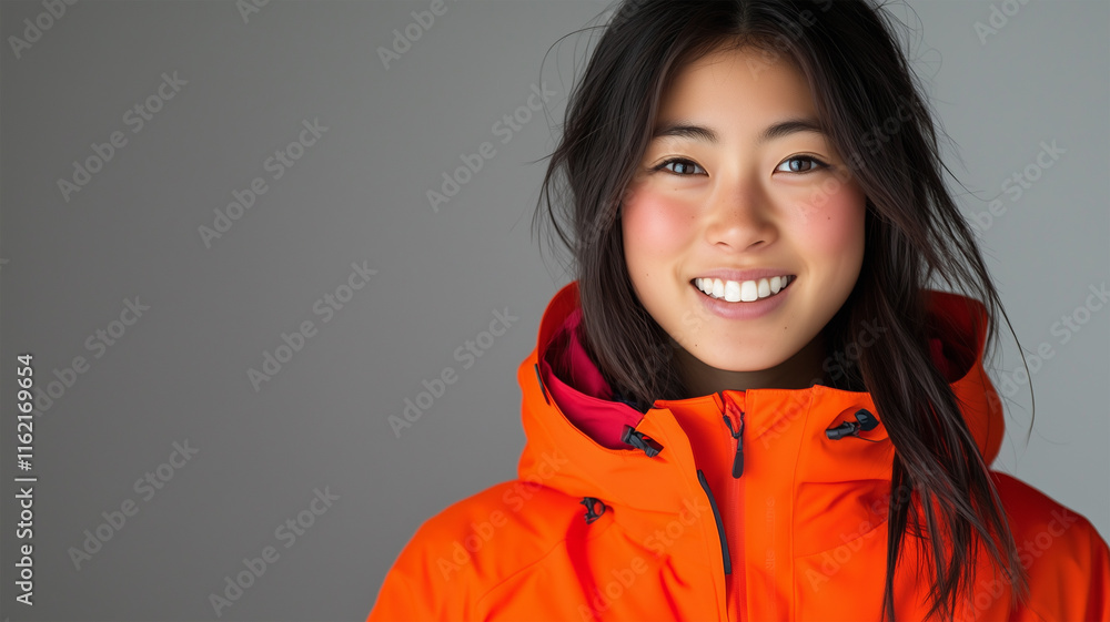 20代日本人女性スノーボーダー、オレンジのジャケットとグレー背景のスタジオ撮影 20代日本人女性スノーボーダー、オレンジのジャケットとグレー背景のスタジオ撮影
