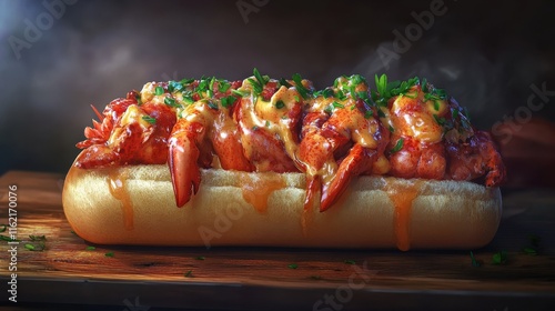 Lobster roll with warm lobster meat, served in soft bun, garnished with herbs. delicious seafood dish perfect for summer meals or beach outings photo