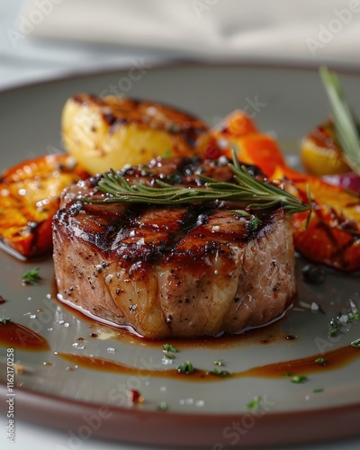 Grilled steak with roasted vegetables on a plate. photo