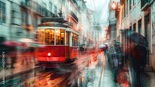 A red tram in the streets of Lisbon, wet streets, people with umbrellas