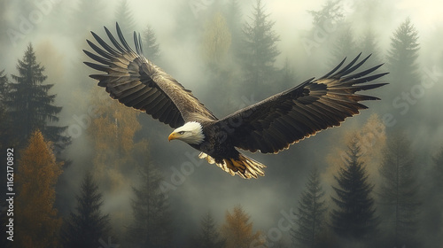 Wallpaper Mural Majestic bald eagle gliding over foggy pine forest, showcasing its wingspan Torontodigital.ca