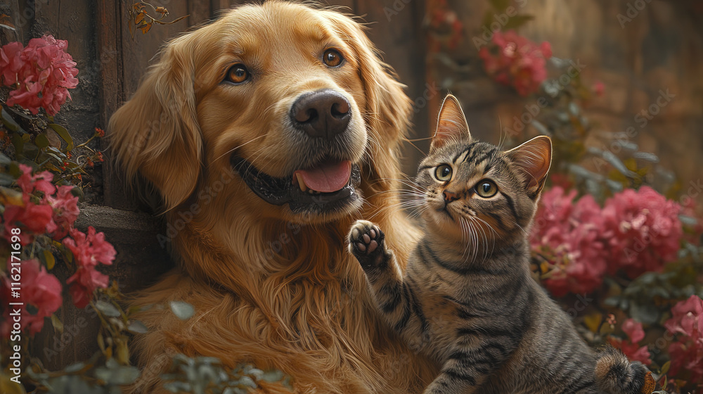 charming Golden Retriever and tabby cat sitting together among flowers charming Golden Retriever and tabby cat sitting together among flowers