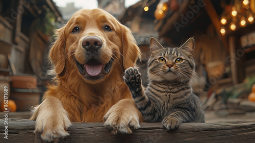 Wallpaper Mural charming Golden Retriever and tabby cat sitting close together, radiating joy Torontodigital.ca