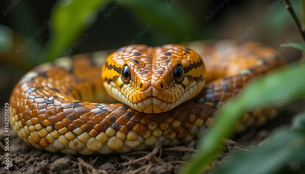 Obraz premium Coiled Golden Snake: A Serene Close-up in Lush Foliage