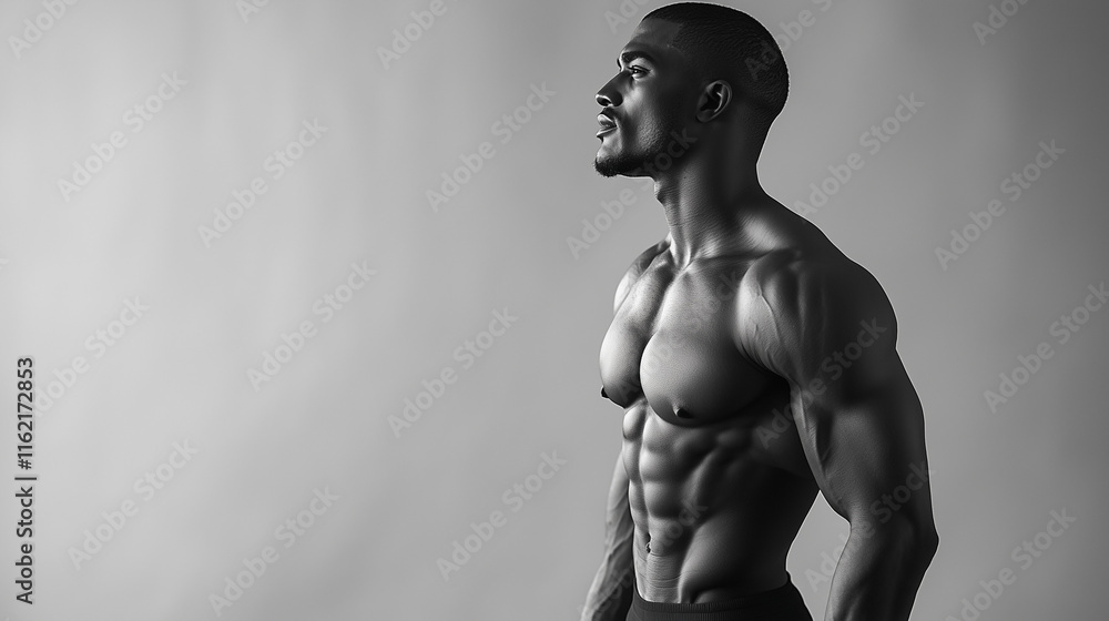 Profile vieConfident side profile of a sculpted African American man in grayscalew of muscular young man showcasing strong physique and defined muscles against neutral background Profile vieConfident side profile of a sculpted African American man in grayscalew of muscular young man showcasing strong physique and defined muscles against neutral background
