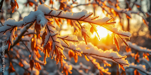 Frozen tree twig with orange red leaves in crystals of hoarfrost in winter snowy forest with sunset sunshine. Calm peaceful nature closeup. Seasonal winter plants gentle blurred romantic forest view
