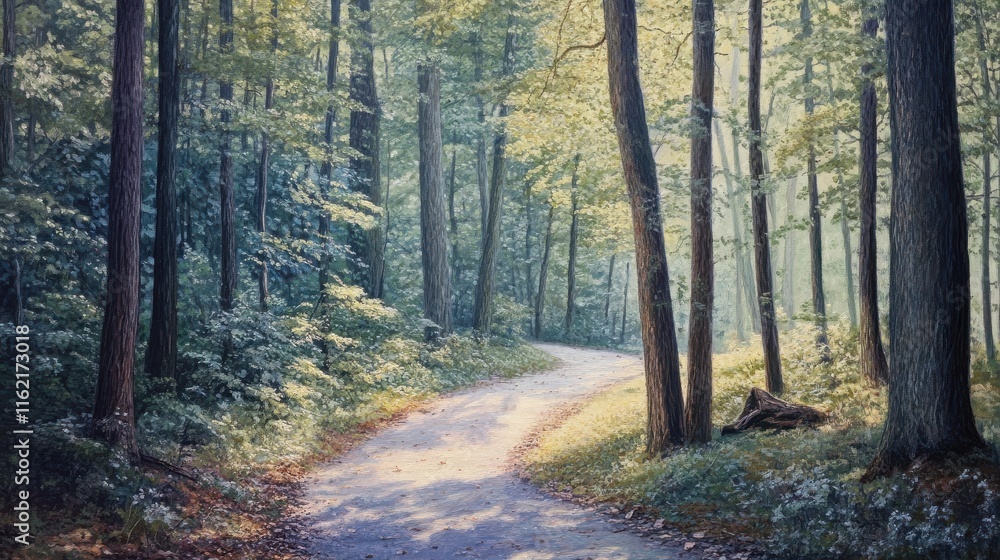 Fototapeta premium Serenity, quiet forest path, morning mist, dappled sunlight, serene walk, natures embrace
