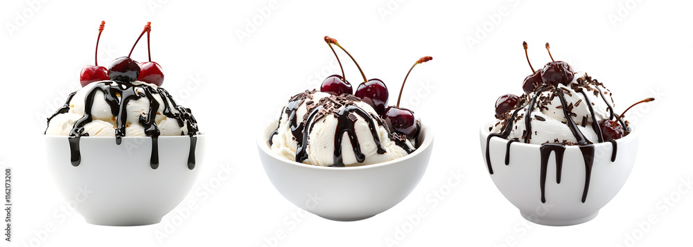 Naklejka premium set of Delicious ice cream sundae with whipped cream, cherries, and chocolate drizzle, served in a classic white bowl isolated on transparent background, cut out